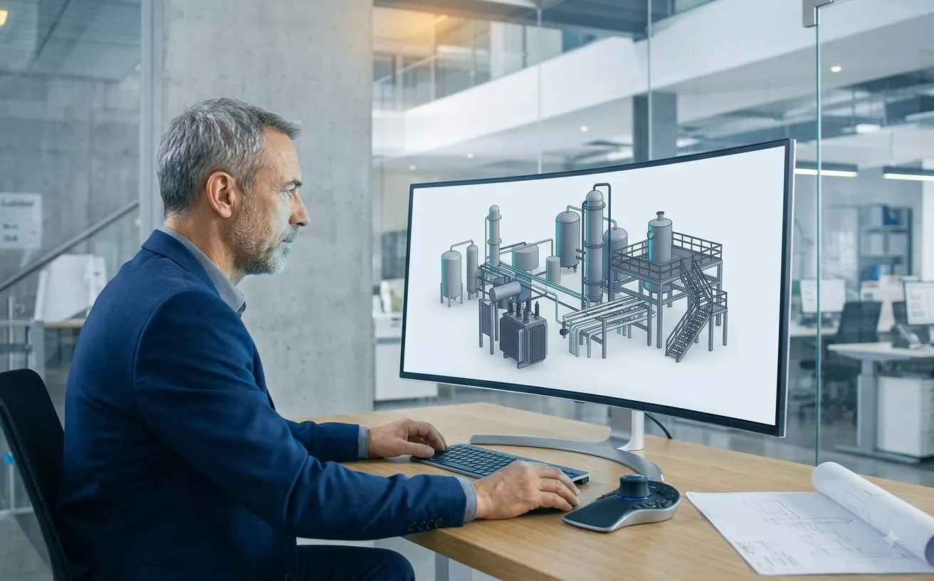 Engineer reviewing 3D model from captured plant data